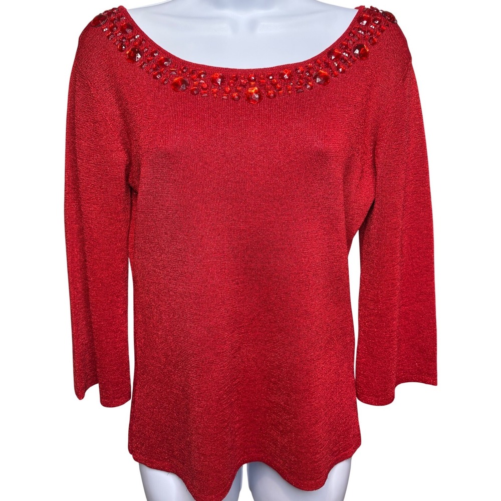 JOSEPH A Womens Red Metallic Beaded Scoop Neck Sweater M Sparkly Glam Cocktail
